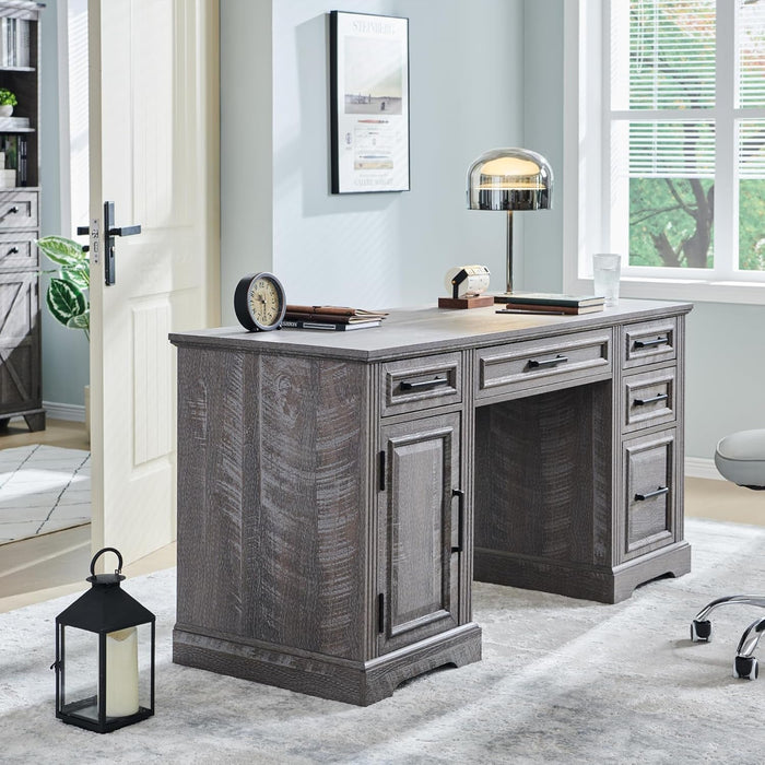 58" Executive Desk, Farmhouse Computer Desk with Drawers and Cabinet, Crafted Texture Home Office Desk, Workspace for Work Study Writing, Weatherworn Grey - ShipItFurniture