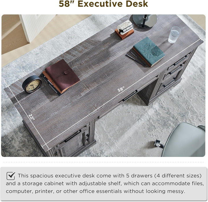 58" Executive Desk, Farmhouse Computer Desk with Drawers and Cabinet, Crafted Texture Home Office Desk, Workspace for Work Study Writing, Weatherworn Grey - ShipItFurniture