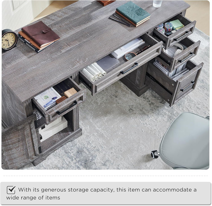 58" Executive Desk, Farmhouse Computer Desk with Drawers and Cabinet, Crafted Texture Home Office Desk, Workspace for Work Study Writing, Weatherworn Grey - ShipItFurniture