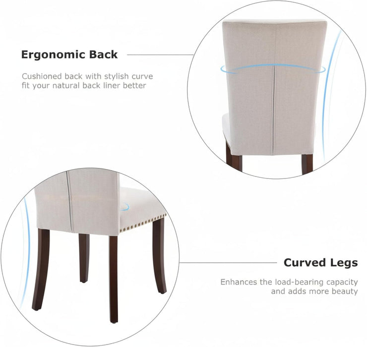Set of 6 Beige Upholstered Dining Chairs – Farmhouse Kitchen Chairs with High Back, Solid Rubberwood Legs, Padded Foam Seat & Bronze Nailhead Trim, Comfortable Dining Room Chairs for Home
