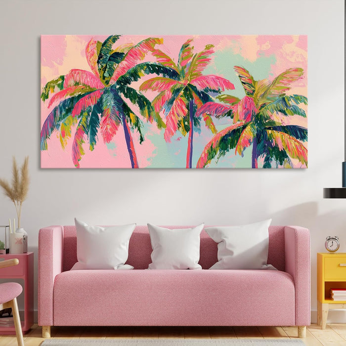 Palm Tree Canvas Wall Art Coastal Seascape Pictures Tropical Botanical Painting Modern Pink Artwork Prints for Bathroom Beach House Bedroom Living Room Home Office Decor Framed 28" X 58"