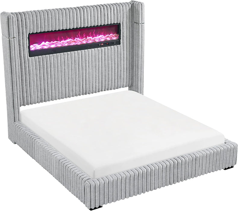 Corduroy Upholstered Bed Frame, Remote Fireplace, Built-In Speaker, Wingback Queen Bed Frame with Headboard, Wooden Slats, Box Spring Needed, Assembly Required, Two-Tone Gray