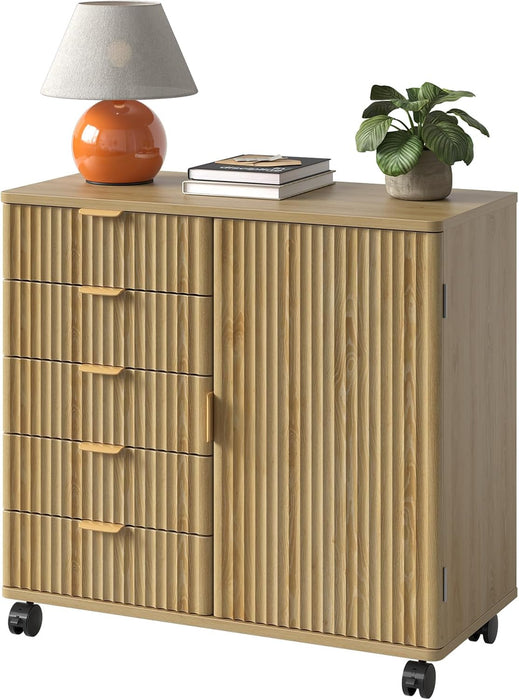 Five Drawer Oakwood Filing Cabinet Locking Casters