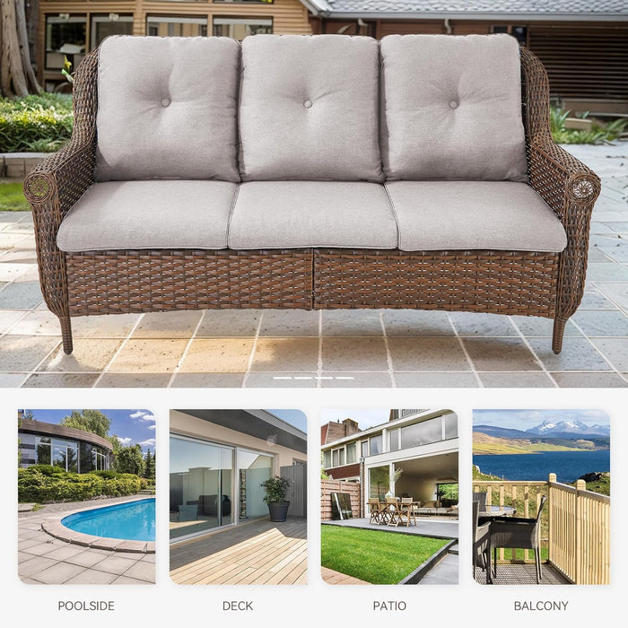 Patio Furniture Set 3PCS Conversation Set Wicker Sofa with 2 Rattan Ottomans Brown Wicker Beige Cushions Chrysanthemum Armest Rattan Couch Set for Garden Balcony Backyard Sunroom