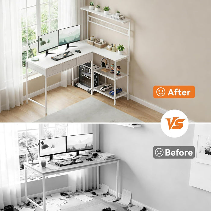 Computer Desk with 3 Fabric Drawers, 50.4 in L-Desk Display Shelves with Led Light & Power Outlet, PC Table Workstation for Home Office, Gaming Desk for Small Spaces, White