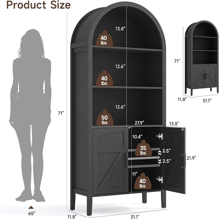 71" Tall Arched Bookshelf, 5-Tier Arched Bookcase with Door & Storage Cabinet, Farmhouse Display Bookshelf Cabinet with Adjustable Shelf, Freestanding Wood Bookcase for Home Office, Study