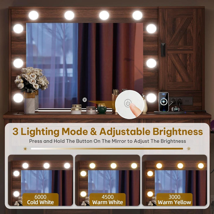 Farmhouse Vanity Makeup Desk with Charging Station, Large Vanity Desk with Lights Mirror and Drawers for Makeup, Modern Vanity Table Set with Stool for Bedroom, Rustic Brown
