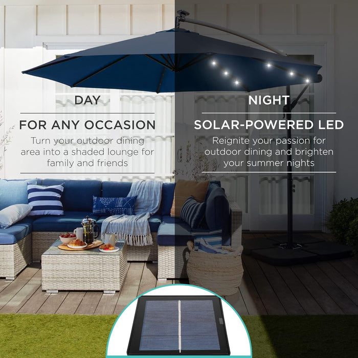 10Ft Solar LED Offset Cantilever Hanging Market Patio Umbrella, 8 Sturdy Ribs, Easy Adjustment - Navy Blue