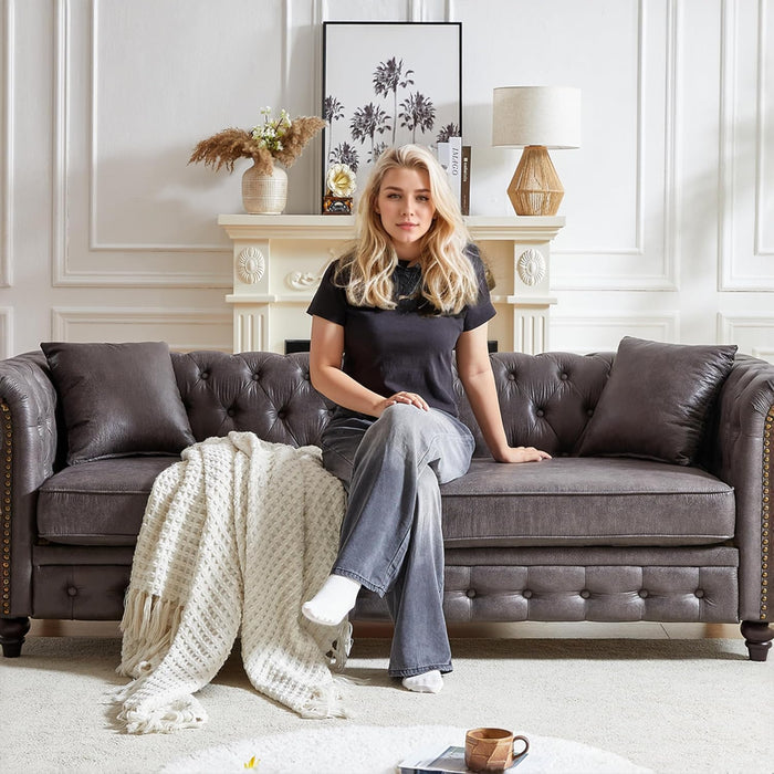 2-Piece Tech Fabric Upholstered Living Room Sofa Set, Including 3-Seater Sofa and Loveseat with Button and Copper Nail on Arms, Four Pillows Included, Grey