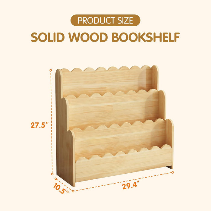 3-Tier Solid Pine Wood Scalloped Bookshelf, Natural | Montessori Bookshelf, Wooden Book Shelf Organizer, Display Furniture, for Playroom, Nursery and Classroom