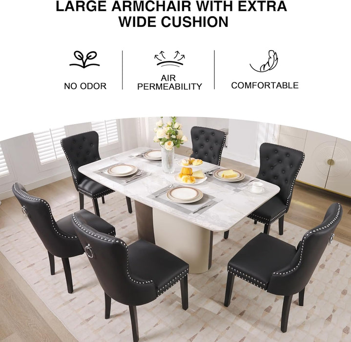 PU Leather Dining Chairs Set of 4, Tufted Upholstered Dining Room Chair with Solid Wood Legs and Pull Ring, Black