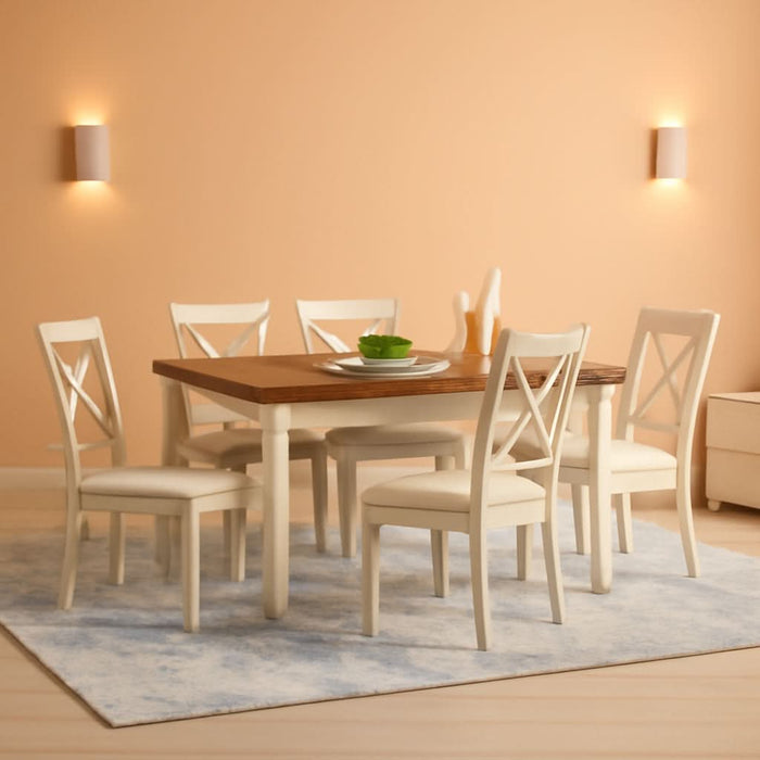 7-Piece Farmhouse Solid Wood Dining Table Set with 6 Upholstered Chairs, 60" Space Saving Dinner Table & Chairs Set, for Dining Room, Kitchen, Restaurant, Rustic Cream
