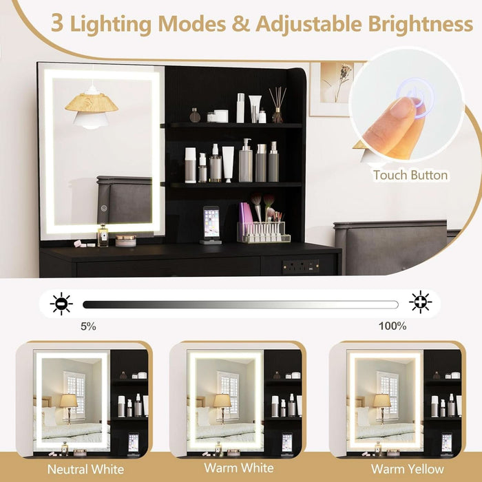 Vanity Desk with Mirror and Lights, Makeup Vanity Table with Charging Station, Storage Stool, Drawer, Cabinet, Shelves, 3 Lighting Modes, Black Modern Makeup Dressing Table for Girls Bedroom