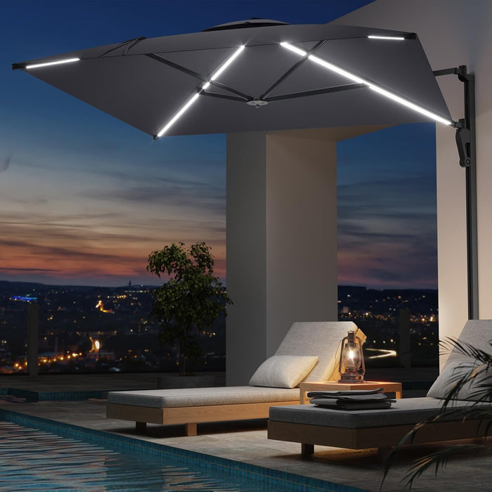 10Ft Solar LED Wall Mounted Outdoor Patio Umbrella, Rectangular Large Offset Cantilever Umbrellas with 180° Rotation Sun Awning for Deck Pool Garden Backyard, save Space, Grey