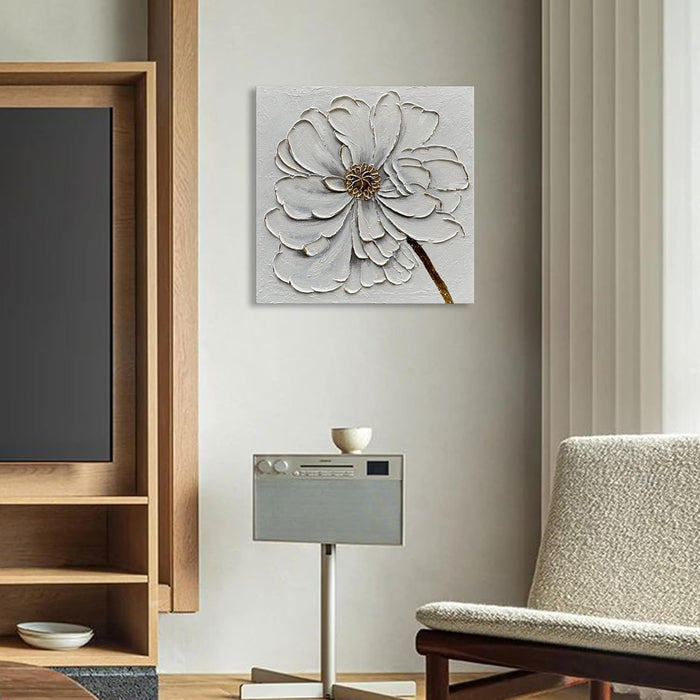 Art 24X24 Inches Hand-Painted Golden Texture White Flower Oil Painting. Modern Abstract Art. Suitable for Decoration on Walls of Living Room, Bedroom or Office