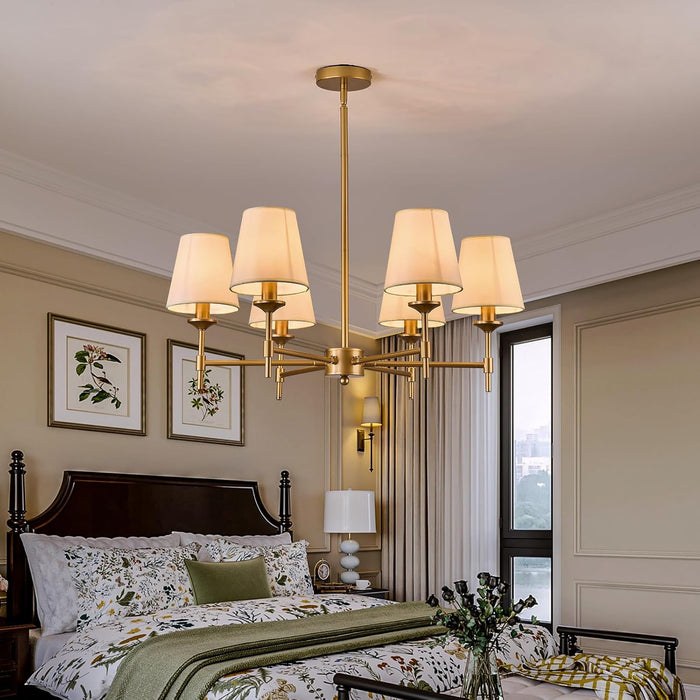 Gold Chandelier with Shades 6 Light Ceiling Light Fixture with Linen Fabric Farmhouse Pendant Lights for Bedroom Kitchen Dining Room Living Room Foyer