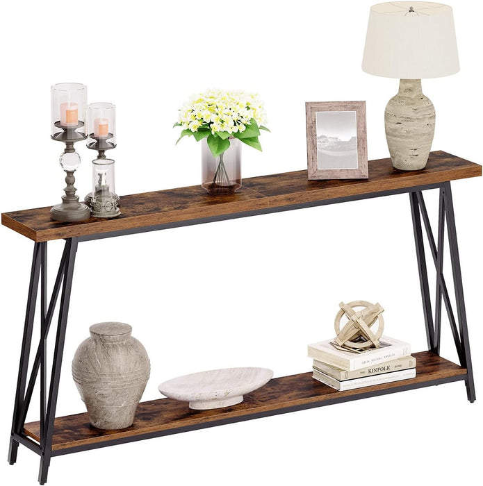 Console Table for Entryway, 63" Industrial Entryway Table, 2-Tier Extra Long Sofa Table behind Couch, X-Shaped Support, for Entryway, Hallway, Living Room, Rustic Brown CTHR4801Z