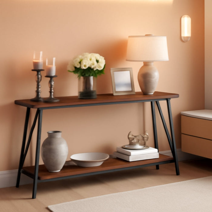 Console Table for Entryway, 63" Industrial Entryway Table, 2-Tier Extra Long Sofa Table behind Couch, X-Shaped Support, for Entryway, Hallway, Living Room, Rustic Brown CTHR4801Z