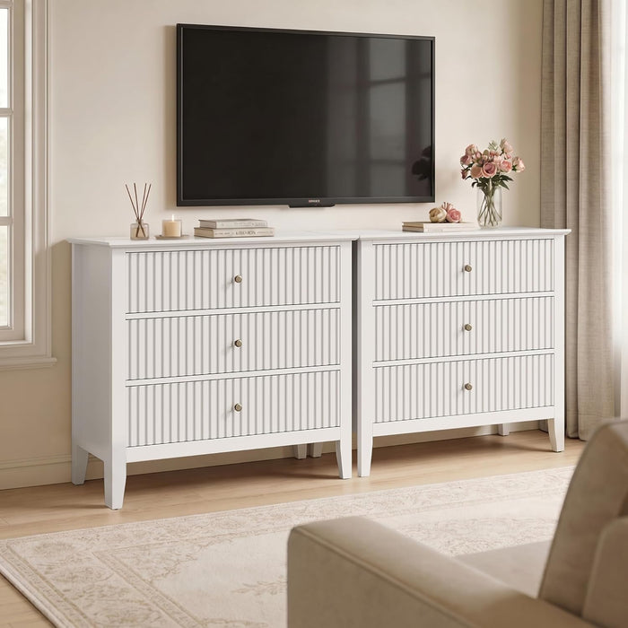 White Fluted 3 Drawer Dresser, 32 Inch Wide Dresser Nightstand for Bedroom, Modern Wood Chest of Drawers, Large Painted Nightstand with 3 Drawers for Closet, Hallway, Entryway