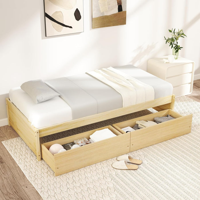Twin Bed Frame with 2 Storage Drawers, Wooden Platform Bed with Slats Support, Twin Storage Bed for Kids, Teens, Adults, No Box Spring Needed (Natural)