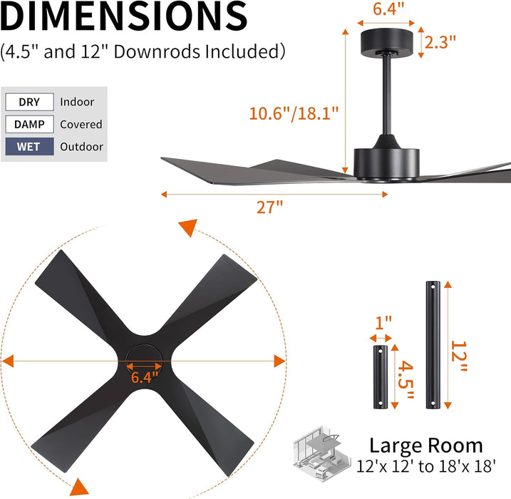 54" Wet Rated Outdoor Ceiling Fan without Lights, 4 ABS Plastic Blades, Reversible DC Motor, 6-Speed Remote Control, Waterproof Ceiling Fan No Lights for Patio Porch Gazebo Garage, Black