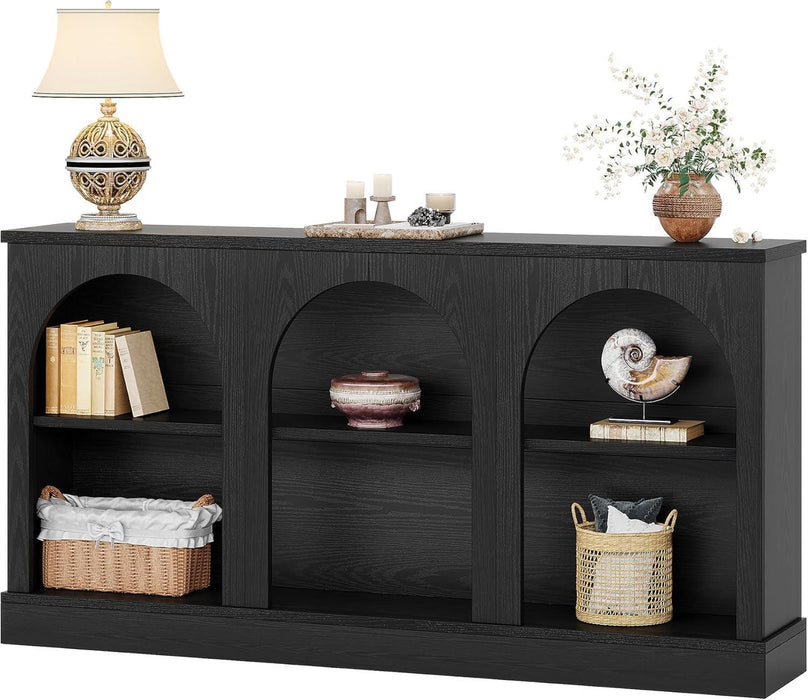 Farmhouse Console Table, 63-Inch Long Entryway Table with 3 Tier Storage, Wooden Rectangular Sofa Table behind the Couch for Entrance, Hallway, Living Room, Black