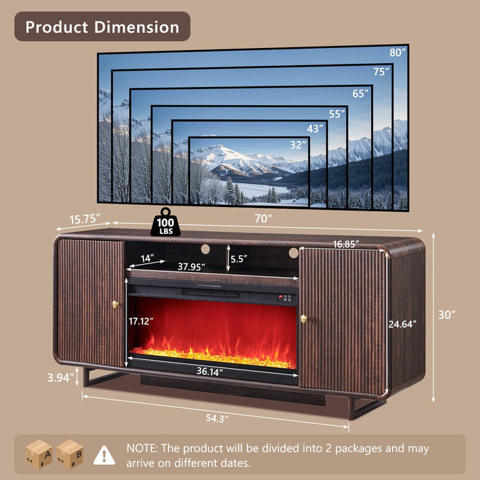 70" Fluted Fireplace TV Stand for 80 Inch TV, Modern Entertainment Center W/36'' Electric Fireplace, Wood Media Console W/Curved Profile Design and Adjustable Shelves for Living Room, Brown