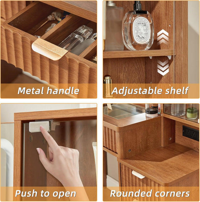 Vanity Desk with Mirror and Lights, 43.5'' Fluted Makeup Vanity with 6 Drawers and Adjustable Shelves, Glass Top Make up Vanity, Girls Wood Dressing Table with Power Outlet for Bedroom