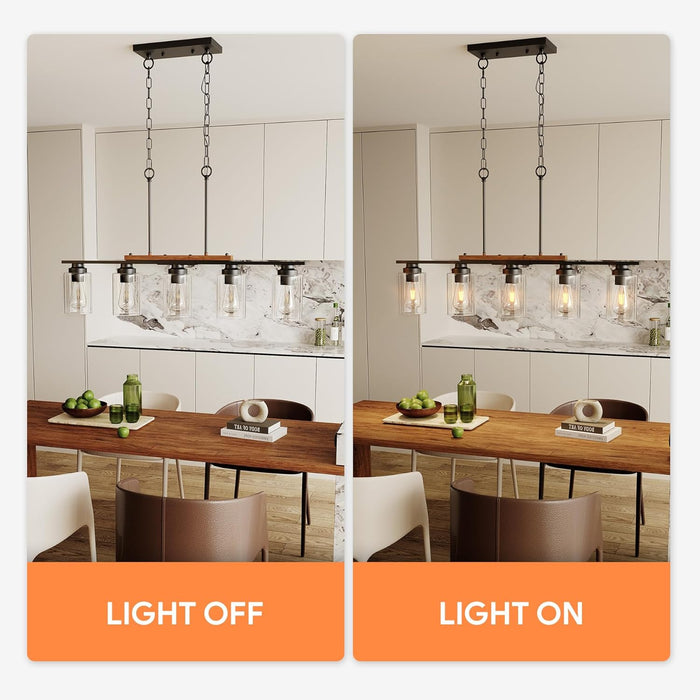 Dining Room Light Fixture over Table, 5-Light Kitchen Island Lighting with Glass Shade and Adjustable Rods, Farmhouse Linear Chandelier Pendant Light for Kitchen Living Room, Matte Black