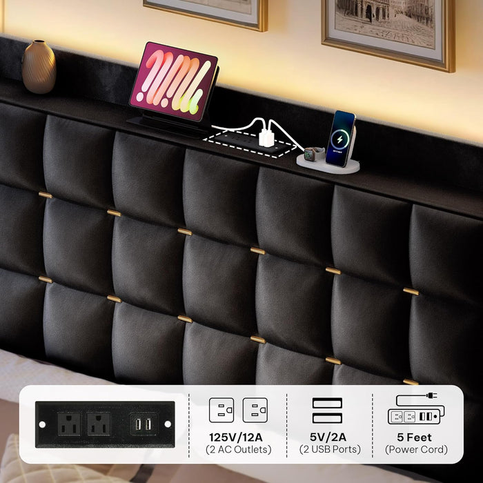 King Size Bed Frame with 4 Drawers and RGB LED Lights, Velvet Upholstered Platform Bed with Charging Station and Storage Headboard, No Box Spring Needed, Easy Assembly, Noise-Free, Black