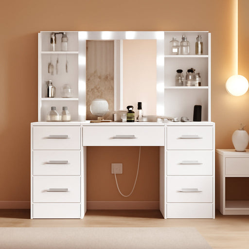 Vanity Desk with LED Light Mirror & Power Outlet, 3 Adjustable Light Color, Makeup Vanity with 7 Drawers, 4 Shelves, 5 Jewel Hooks, White Vanity for Bedroom, Girls Vanity