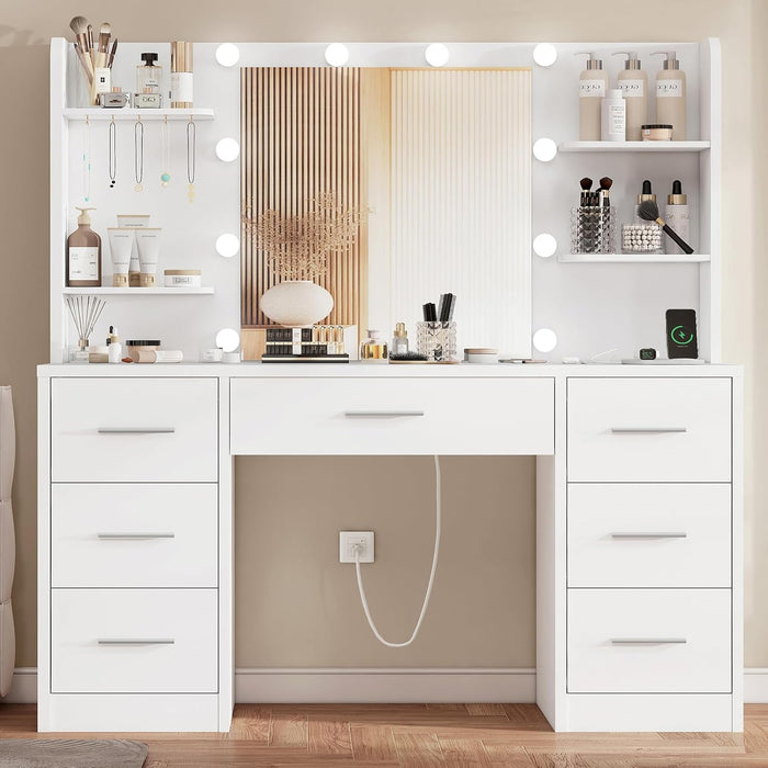 Vanity Desk with LED Light Mirror & Power Outlet, 3 Adjustable Light Color, Makeup Vanity with 7 Drawers, 4 Shelves, 5 Jewel Hooks, White Vanity for Bedroom, Girls Vanity