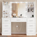 Vanity Desk with LED Light Mirror & Power Outlet, 3 Adjustable Light Color, Makeup Vanity with 7 Drawers, 4 Shelves, 5 Jewel Hooks, White Vanity for Bedroom, Girls Vanity