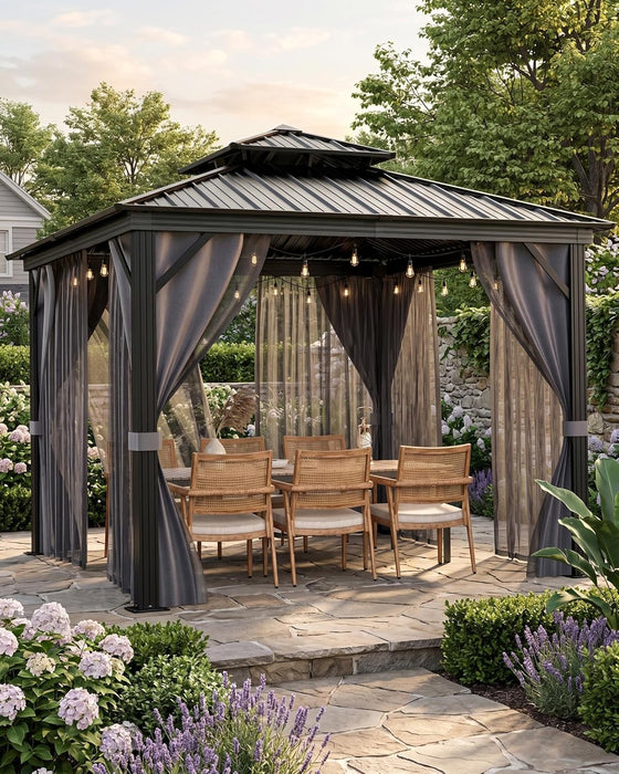 10'X10' Hardtop Gazebo with Curtains and Netting, Galvanized Aluminum Double Layer Iron Roof Weather Resistant, Spacious, Easy Assembly, Patio Gazebo for Patio, Garden and Lawn