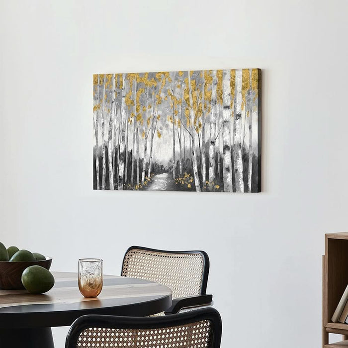 Birch Forest Canvas Wall Art: Large Abstract Tree Painting with Gold Foil Hand Painted Textured Artwork for Bedroom