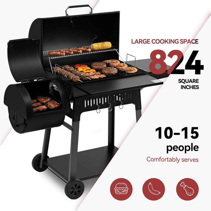 Barrel Charcoal Grill with Offset Smoker, 824 Sq. In. Cooking Area,Frame Tool Hooks, Bottom Shelf, Blow-Molded Wheels, Outdoor Charcoal Grill for Backyard Cooking, Black, CC1831S-SC