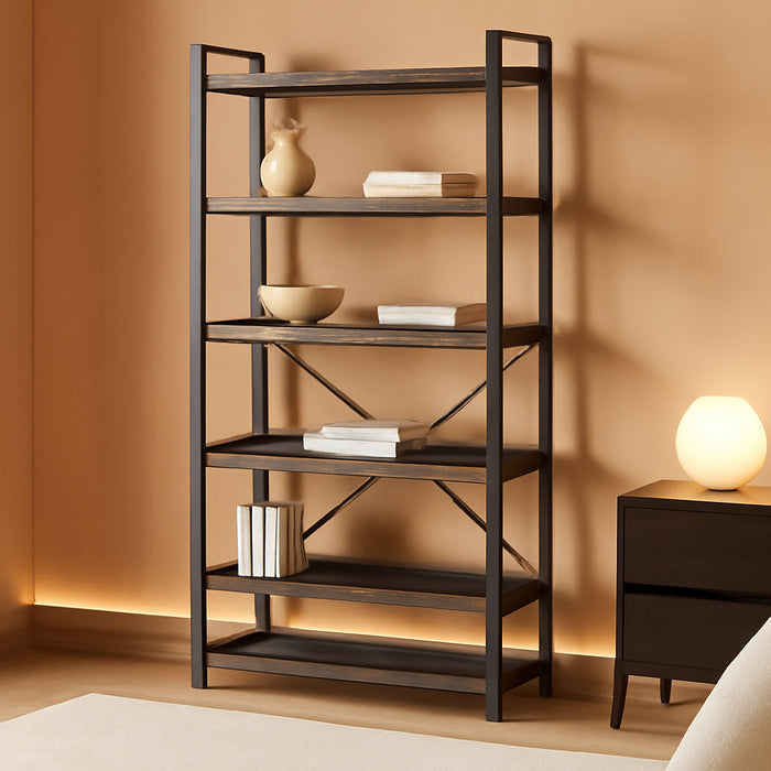 Large Industrial Grey Wooden 5 Tier Bookshelf