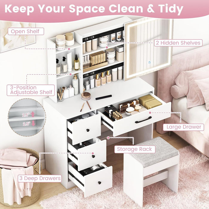 38" Vanity Desk with Lighted Sliding Mirror, Adjustable LED Lighting, Hidden Storage, 4 Drawers & 3 Shelves, Cushioned Stool, Modern Makeup Vanity Dressing Table Set for Bedroom, White