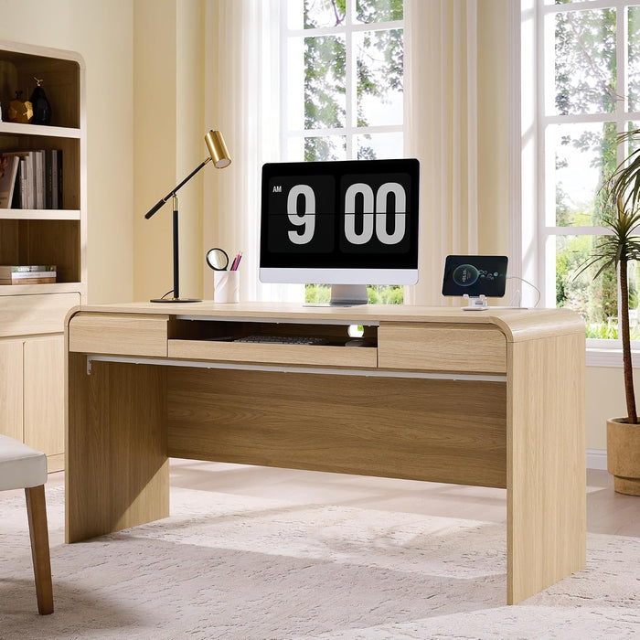 63" Modern Computer Desk with 2 Drawers, Wood Curved (Natural)