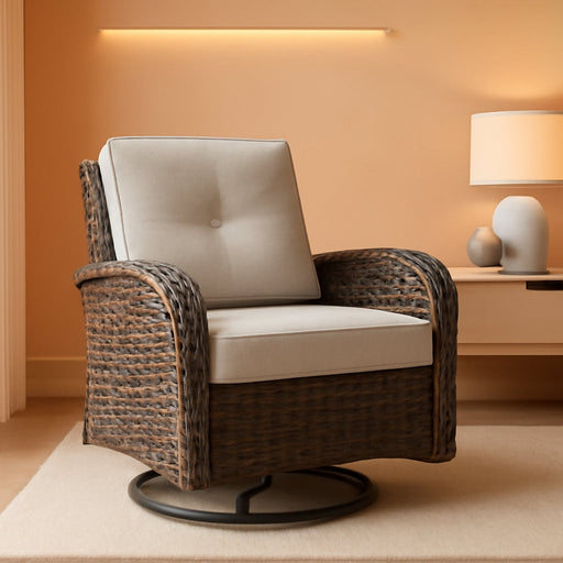 Patio Furniture Swivel Glider PE Wicker Chairs, Outdoor Swivel Rocker Seating with Cushions for Porch Deck Balcony, Brown/Beige