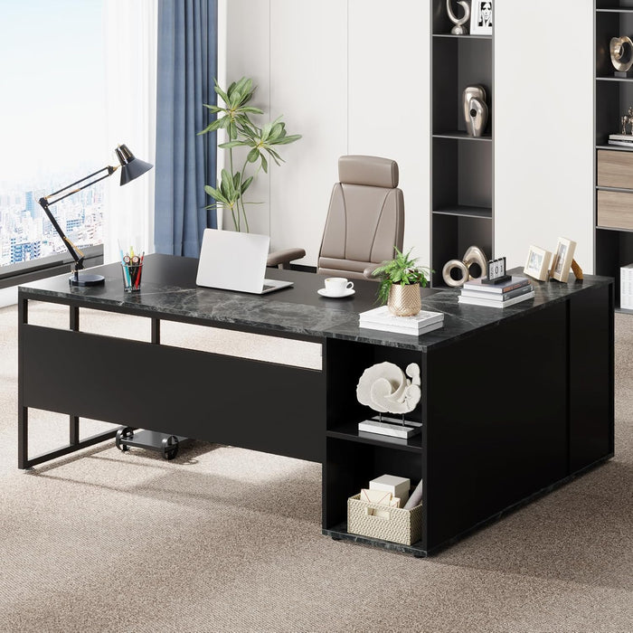 Large Executive Desk with File Cabinet, 71 Inch L Shaped Computer Desk Office Desk with Drawers and Storage Shelves, Business Furniture Desk Workstation for Home Office, Black