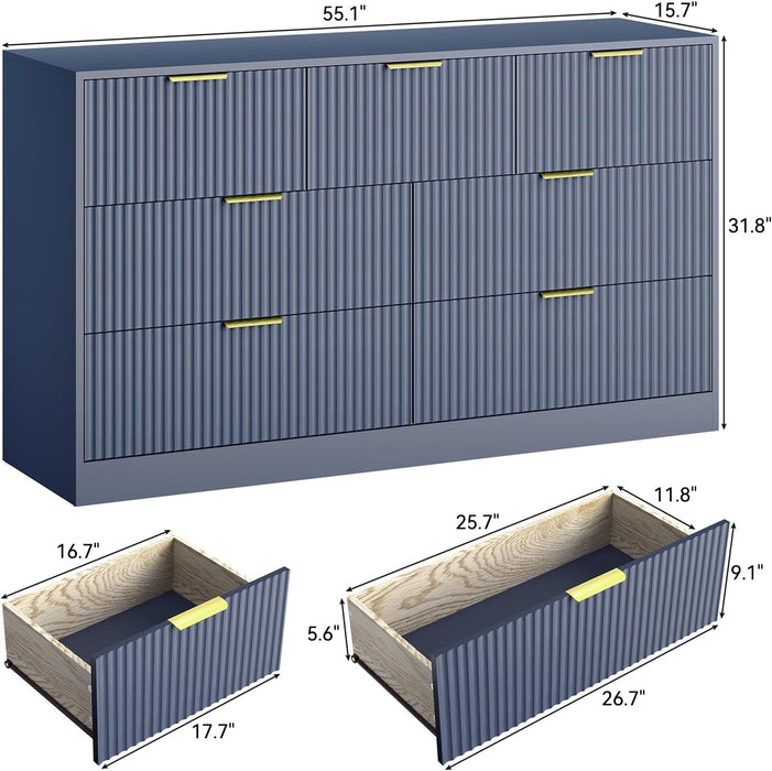 7 Drawer Fluted Dresser with Deep Drawers for Bedroom, Blue丨55 Wide Mid Century Dresser, Modern Chest of Drawers, Wood TV Stand Storage Organizer for Closet, Living Room, Hallway