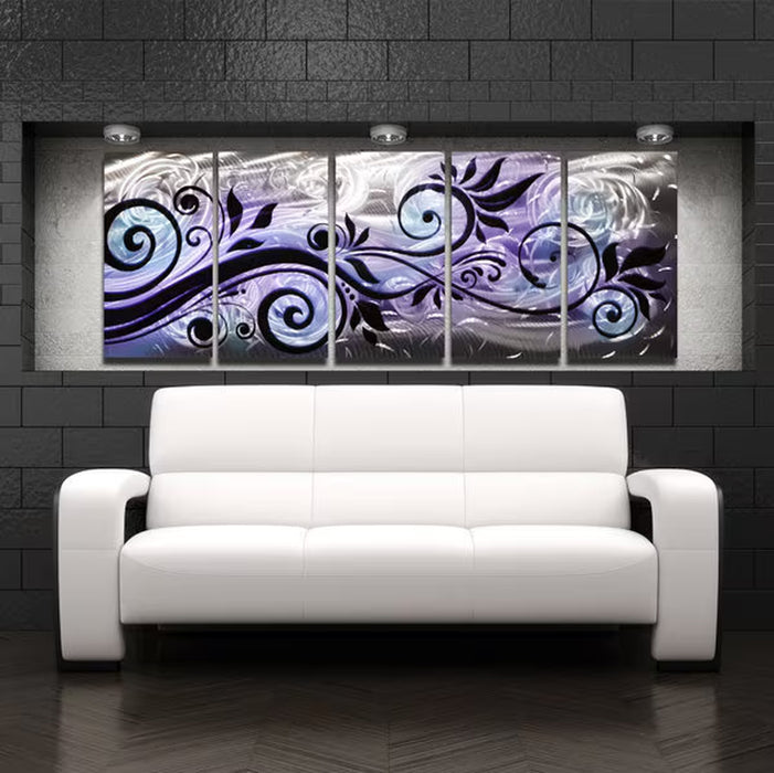 Purple Metal Wall Art Panels Silver Wall Art Modern Abstract Art Work Black Blue Home Decor Painting "Whispering Wind" by Brian Jones