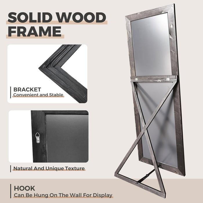 65"X22" Full Length Mirror Solid Wood Frame Floor Mirror with Stand for Living Room, Bedroom Hanging Standing or Leaning, Black