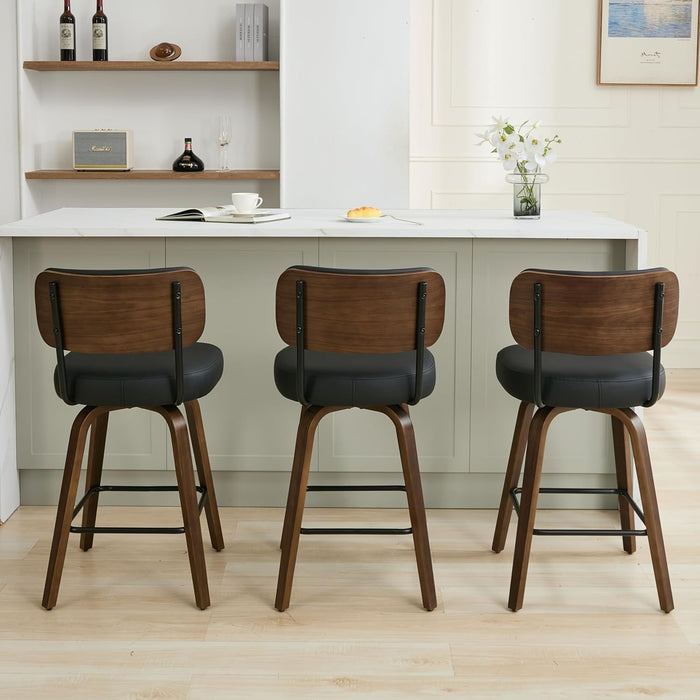 Swivel Bar Stools Set of 4, 26" Upholstered Counter Height Bar Stools with Back and Walnut Wood Legs, Faux Leather Barstools for Kitchen Counter, Black