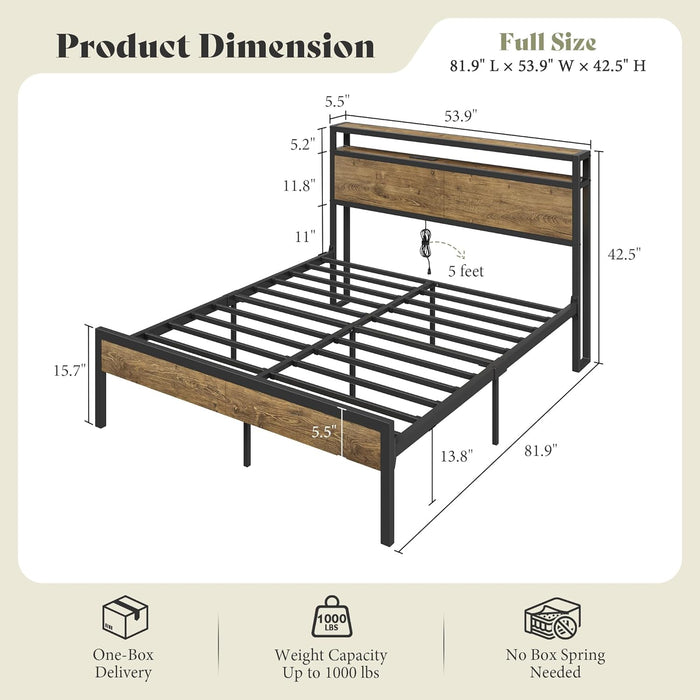 Full Size Bed Frame with Storage Headboard & Charging Station, Industrial Metal Platform Bed with Large Under-Bed Storage, Heavy Duty Slats, No Box Spring Needed, Rustic Brown