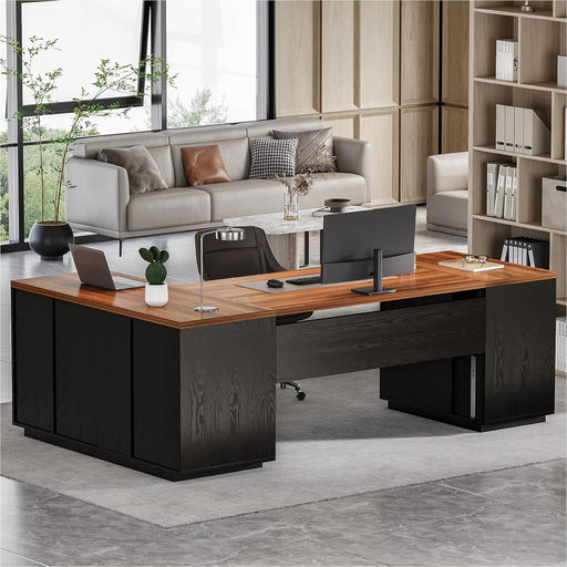87-Inch Modern Executive Desk with File Cabinet, Large Home Office Desk with Drawers, 3-Drawer Wooden File Cabinet, Spacious Workstation for Home Office (Brown & Black)
