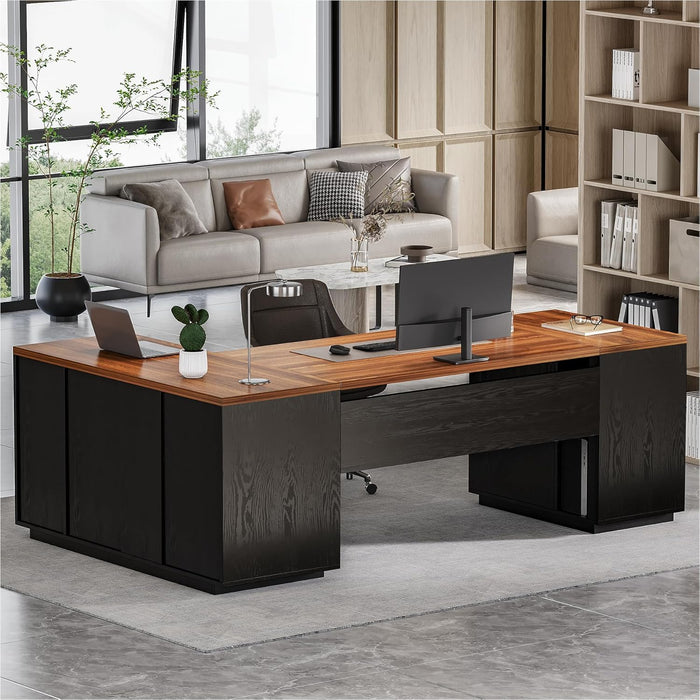 87-Inch Modern Executive Desk with File Cabinet, Large Home Office Desk with Drawers, 3-Drawer Wooden File Cabinet, Spacious Workstation for Home Office (Brown & Black)