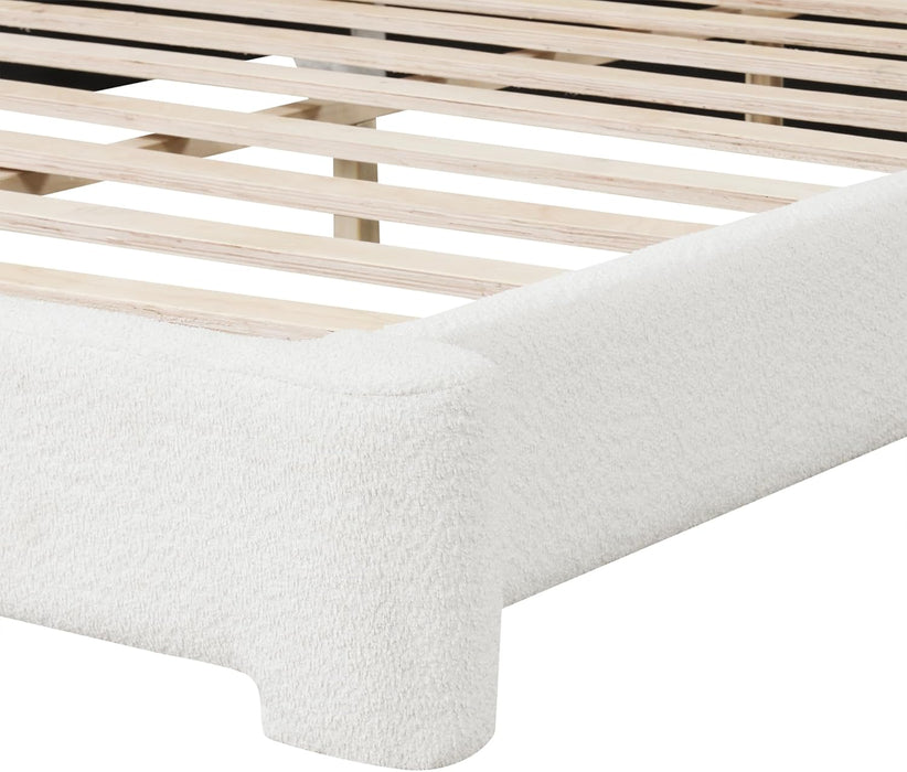 King Size Thick Bouce Fabric Upholstered Platform Bed with Curved Shaped Headboard, Wood Bed Frame for Kids Teens Adults, White