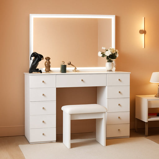 White Vanity Table With Illuminated Mirror Drawers